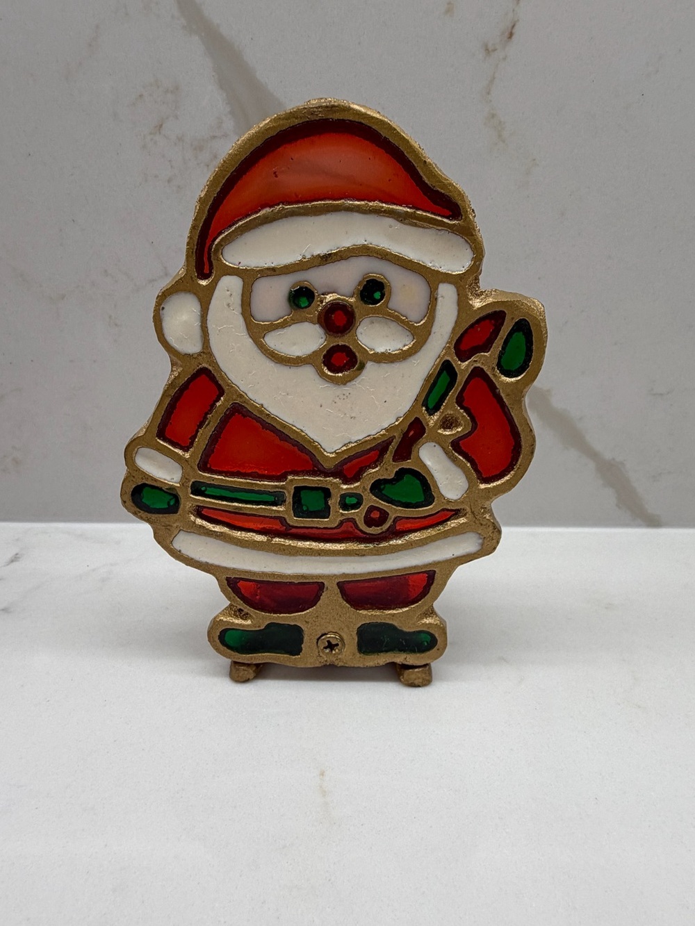 Vintage Christmas Glo Candle Holder Stained Glass Santa Gold Tone